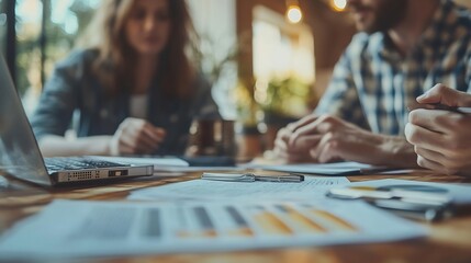 Budget financial advisor or couple at table in meeting for insurance policy update or paper in office Broker negotiation or consultation with people for investment future plan or contr : Generative AI