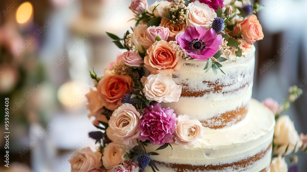 Poster wedding cake decorated with flowers