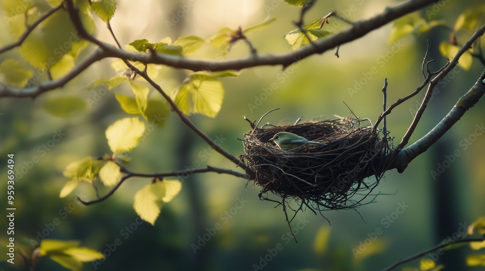 Poster a nest with a bird inside is hanging from a tree branch. the nest is small and made of twigs and lea