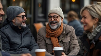 Fototapeta premium Mature group of people sitting together on coffee time outdoor Cheerful handsome people of different nationalities laughing chilling and having conversation Copy space : Generative AI