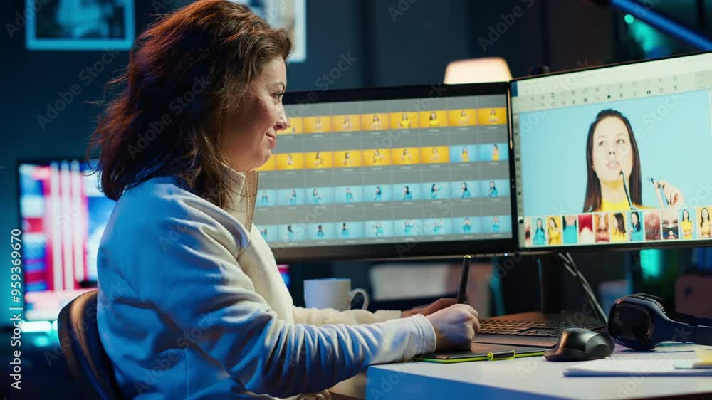 Poster photographer using software on computer to perform editing operations, enjoying cup of coffee while 