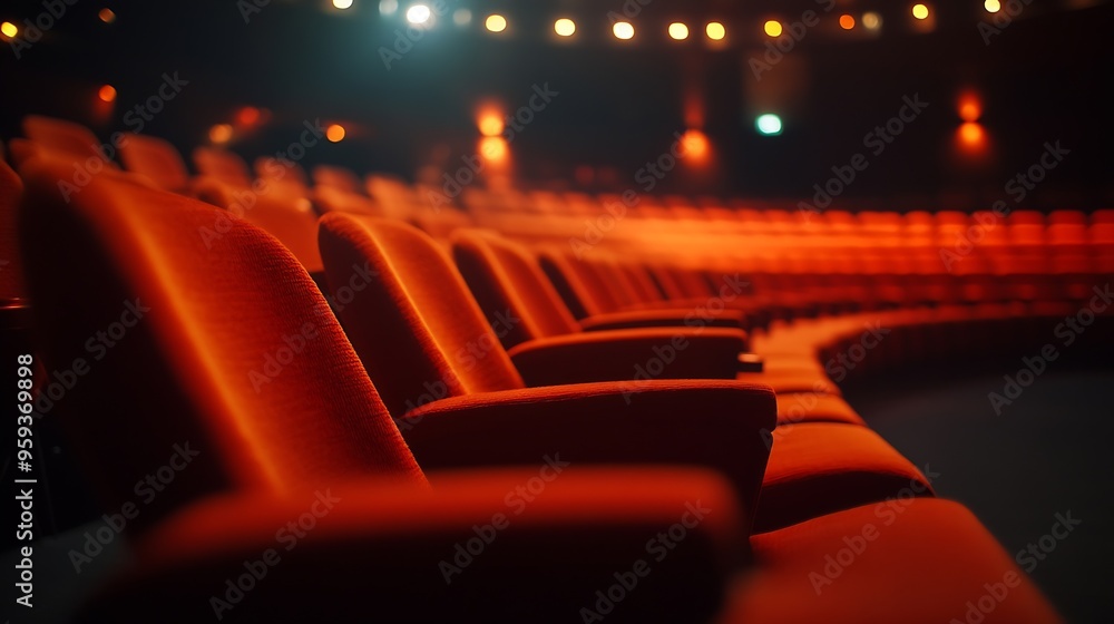 Aufkleber Close up of orange red seats in dark empty cinema hall with copy space Background with rows of chairs with selective focus Concept of event theatre conference show presentation audienc : Generative AI