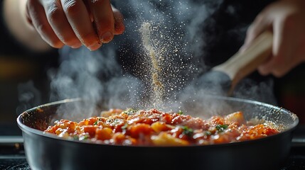 The cook adds dry seasonings to a pot of boiling food Retsoran kitchen cooking concept with advertising space on black background : Generative AI