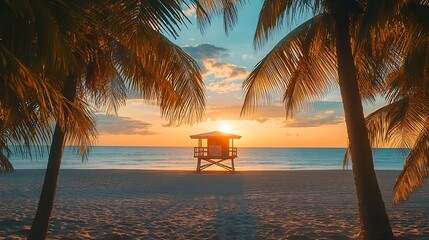 Lifeguard hut framed between two palm trees on an empty beach at sunset : Generative AI