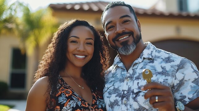 Happy diverse couple bought their new home and standing in front of it and showing keys Copy space Real estate owners Hispanic woman and african american man posing in front of the hou : Generative AI