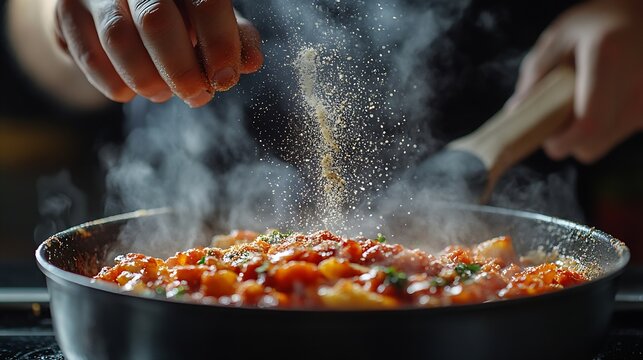 The cook adds dry seasonings to a pot of boiling food Retsoran kitchen cooking concept with advertising space on black background : Generative AI