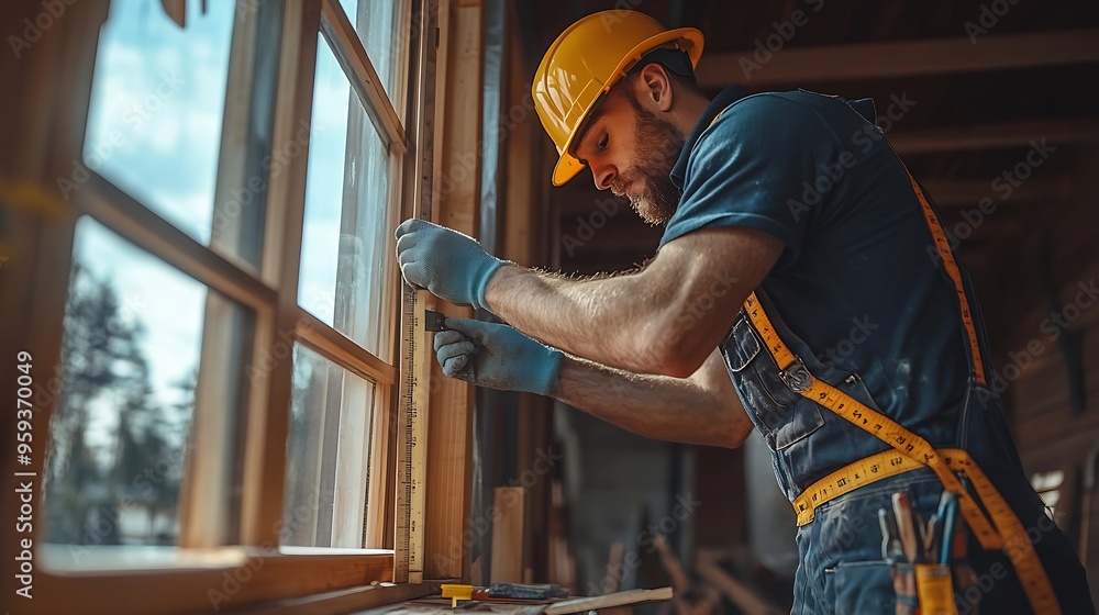 Aufkleber Technician worker in uniform using measuring tape tool to measuring wood window in the home construction site repair and fix for problem in the house : Generative AI