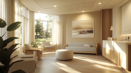 Fototapeta premium Tranquil and Welcoming Holistic Healthcare Clinic with Calming Natural Lighting and Soothing Decor