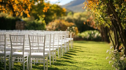 Setting for outdoor wedding ceremony with seating places for guests in picturesque location. 