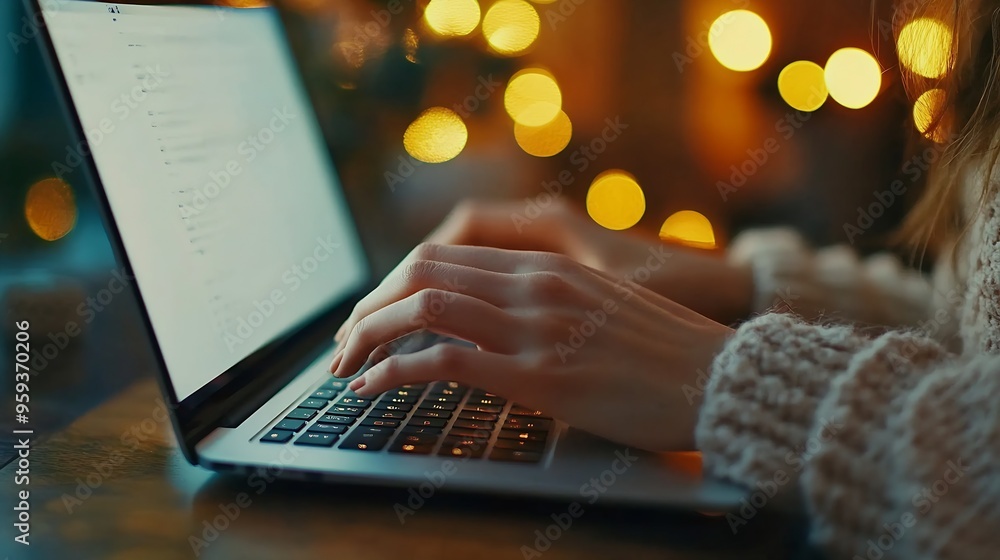Poster Close up image of woman hands typing on laptop computer keyboard and surfing the internet on office table online working business and technology internet network communication concept : Generative AI