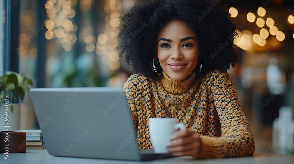 Aufkleber good day at work cheerful black female office worker using laptop and drinking coffee at workplace l