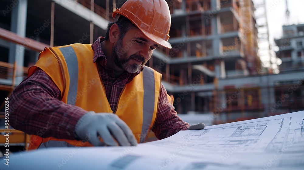 Poster engineers work on construction drawings and safety systemsbuilding construction puts safety first : 