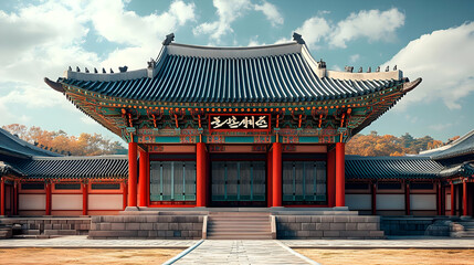 Fototapeta premium Traditional Korean Architecture with a Red Roof and Stone Steps.