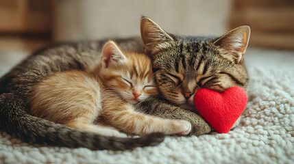 Two adorable cats, one tabby and one ginger, cuddle and sleep peacefully on a fuzzy white blanket with a red heart.