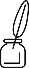 Simple minimal line art icon of a feather quill pen standing in an inkwell