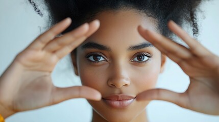 Black woman portrait and hands for frame in studio photography with perspective and smile on white background Gesture aesthetic and African model with face focus and vision to capture  : Generative AI