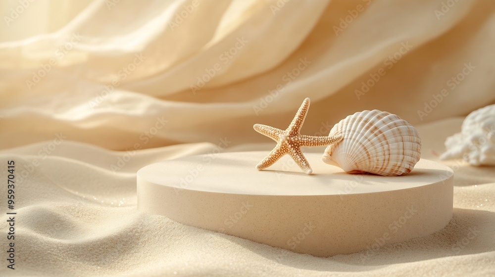 Poster empty beige round platform podium for cosmetics or products presentation sea shell and starfish on n