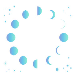 青い月の満ち欠けと星の背景イラスト　月齢