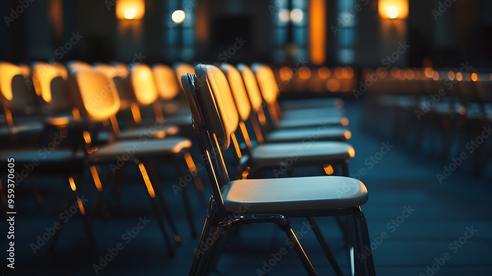 Poster empty chairs lined up at an event inside the building photographed from behind : generative ai
