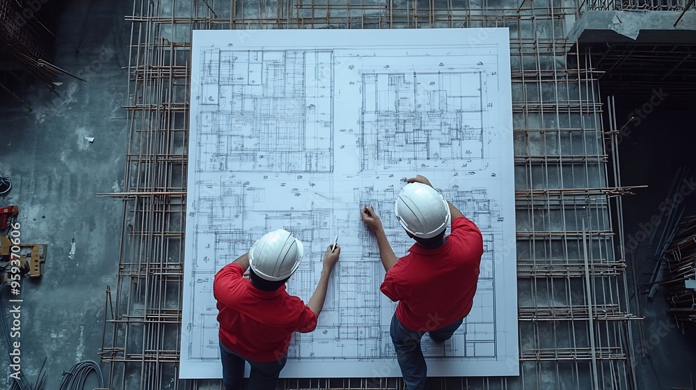 Poster engineer team is meeting to inspect the construction blueprint drawings work plan and distribute wor