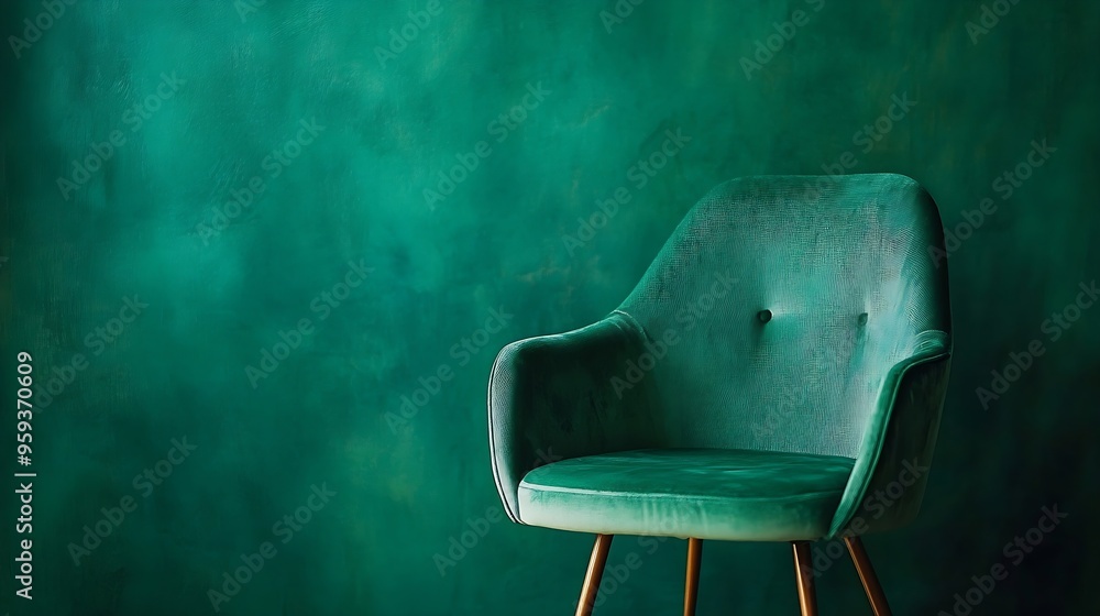 Poster portrait of empty chair in abstract dark green background fabric background : generative ai