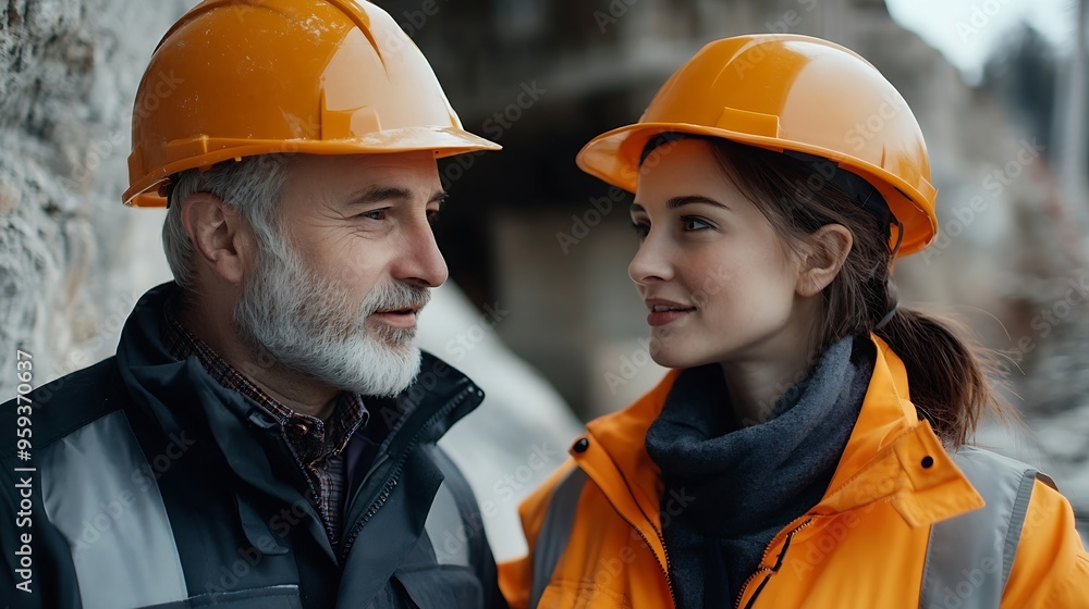 Leinwandbilder caucasian engineer in hardhats discussing on construction site engineer and female foreman worker te