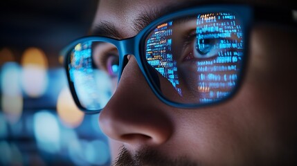 Closeup portrait of focused software engineer wearing eyeglasses looking at computer screen working with big data Programming code reflecting in glasses Data science Machine Learning A : Generative AI