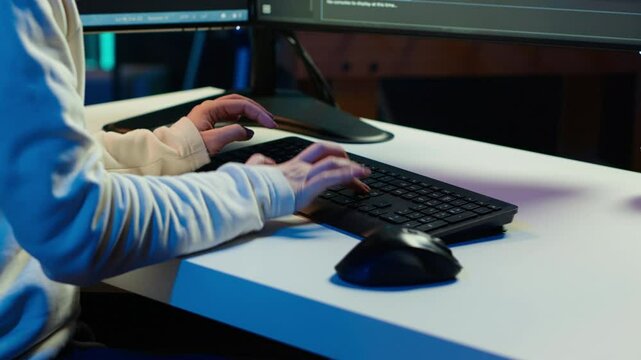 Teleworking computer technician typing on keyboard, implementing security measures to protect company systems and data, close up. Remote IT employee at home debugging code for software, camera A