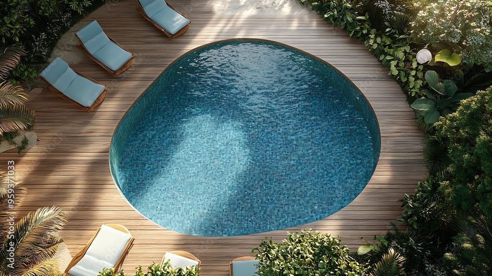 Poster aerial view of a swimming pool with wavy and curved shapes around the pool there is wooden flooring 