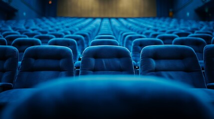 Fototapeta premium Full frame of blue velvet seats in empty auditorium at conference hall : Generative AI