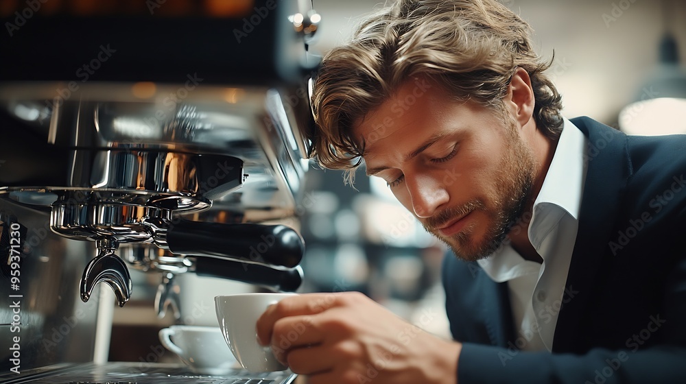 Poster close up view of businessman making coffee from coffee machine in the office : generative ai