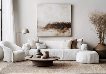 Boho Modern Room Decor Minimalist Wall Art Mockup with Sofa and Coffee Table