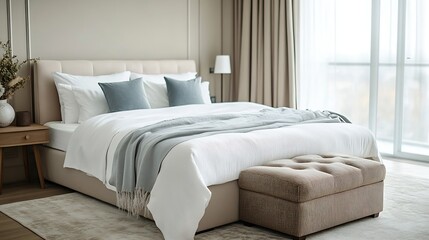 Obraz premium Stylish bedroom interior with large comfortable bed ottoman and bedside table : Generative AI