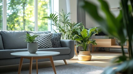 Beautiful interior of living room with cozy grey sofas table and houseplants near window : Generative AI
