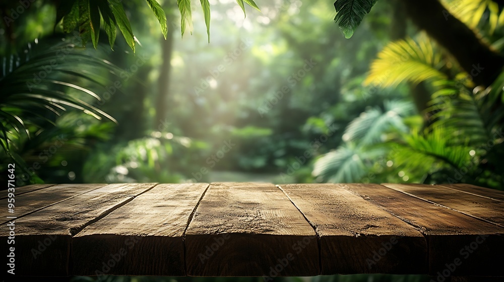 Aufkleber Empty wood table top with blur background of tropical jungle in summer green The table giving copy space for placing advertising product on the table along with beautiful forest banner : Generative AI