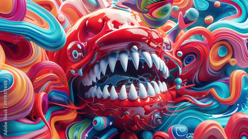 Poster a 3d render of a colorful, abstract creature with sharp teeth and flowing lines.