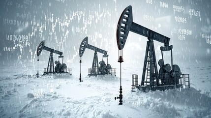 Oil Rigs in Snowy Landscape with Stock Market Data Overlay