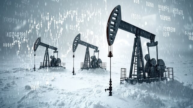 Oil Rigs in Snowy Landscape with Stock Market Data Overlay