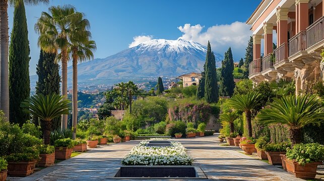 Luxury San Domenico Palace Hotel with panoramic view on snow capped Mount Etna volcano on sunny day from public garden Parco Duca di Cesaro to Giardini Naxos in Taormina Sicily Italy E : Generative AI
