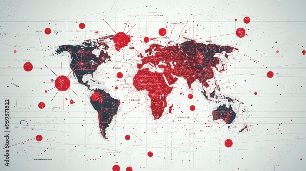 Poster world map with red dots and lines abstract technology concept