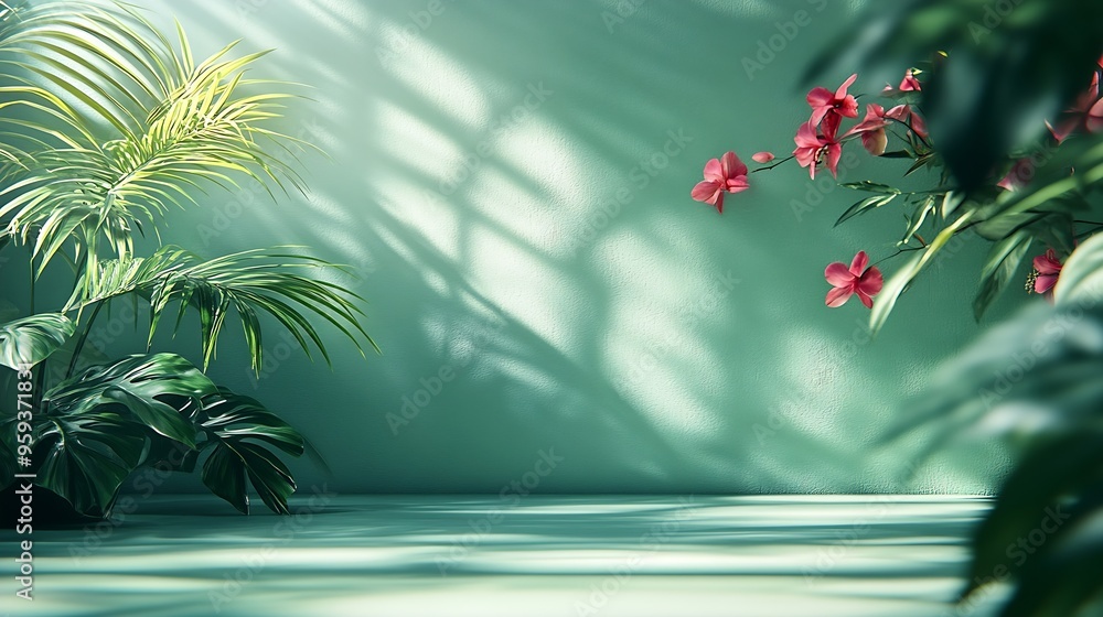 Poster abstract gradient green studio background for product presentation empty room with shadows of window