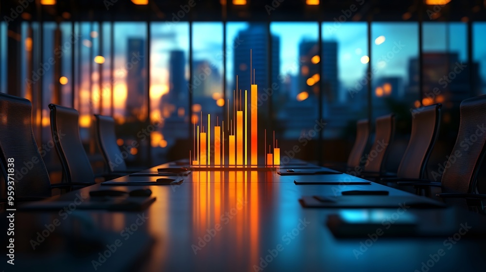 Poster Image of bar graph representing growth over empty chairs and table arranged in conference room Digital composite business report chart profit progress furniture meeting office : Generative AI