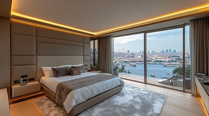 Modern and luxurious master bedroom with views of Istanbul and the Bosporus Condo or Hotel accommodation : Generative AI