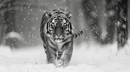 A Tiger Walking Through Snowfall in a Forest