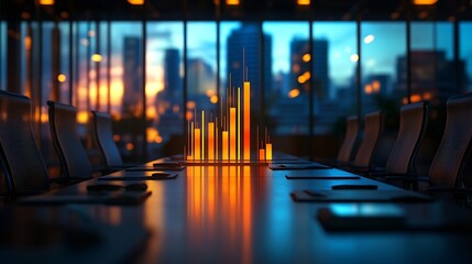 Image of bar graph representing growth over empty chairs and table arranged in conference room Digital composite business report chart profit progress furniture meeting office : Generative AI