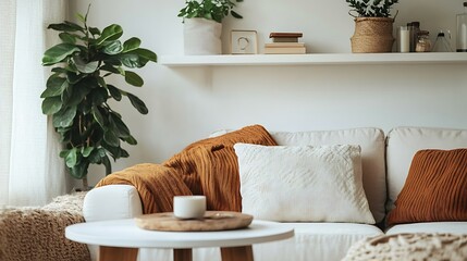 Vertical shot of cozy living room with couch coffee table and white shelf with home decor on wall Elegant interior design in apartment Copy space : Generative AI