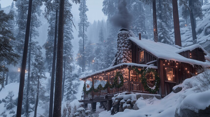 Naklejka premium Cozy Cabin in a Snowy Forest