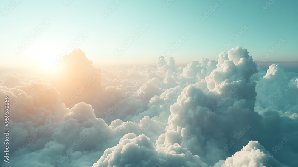 Poster white and grey cumulus clouds floating in sunny sky after storm with natural sunlight dramatic cloud