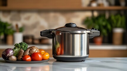 The scene of using a pressure cooker to make soup and cook dishes in the kitchen marble countertop background wood grain desktop : Generative AI