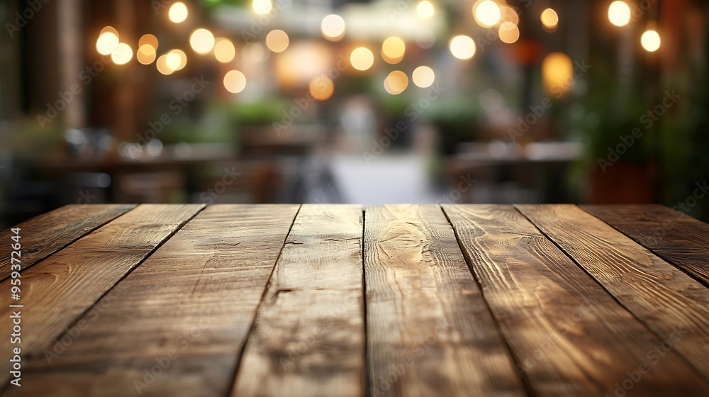 Poster empty wooden table top with lights bokeh on blur restaurant background : generative ai